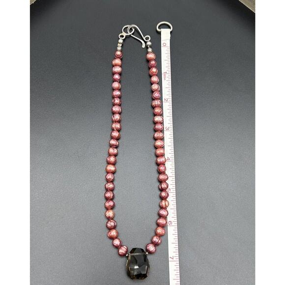 Smokey Quartz Boroque Red Fresh Water Pearl 925 Sterling Silver Necklace - Picture 11 of 13